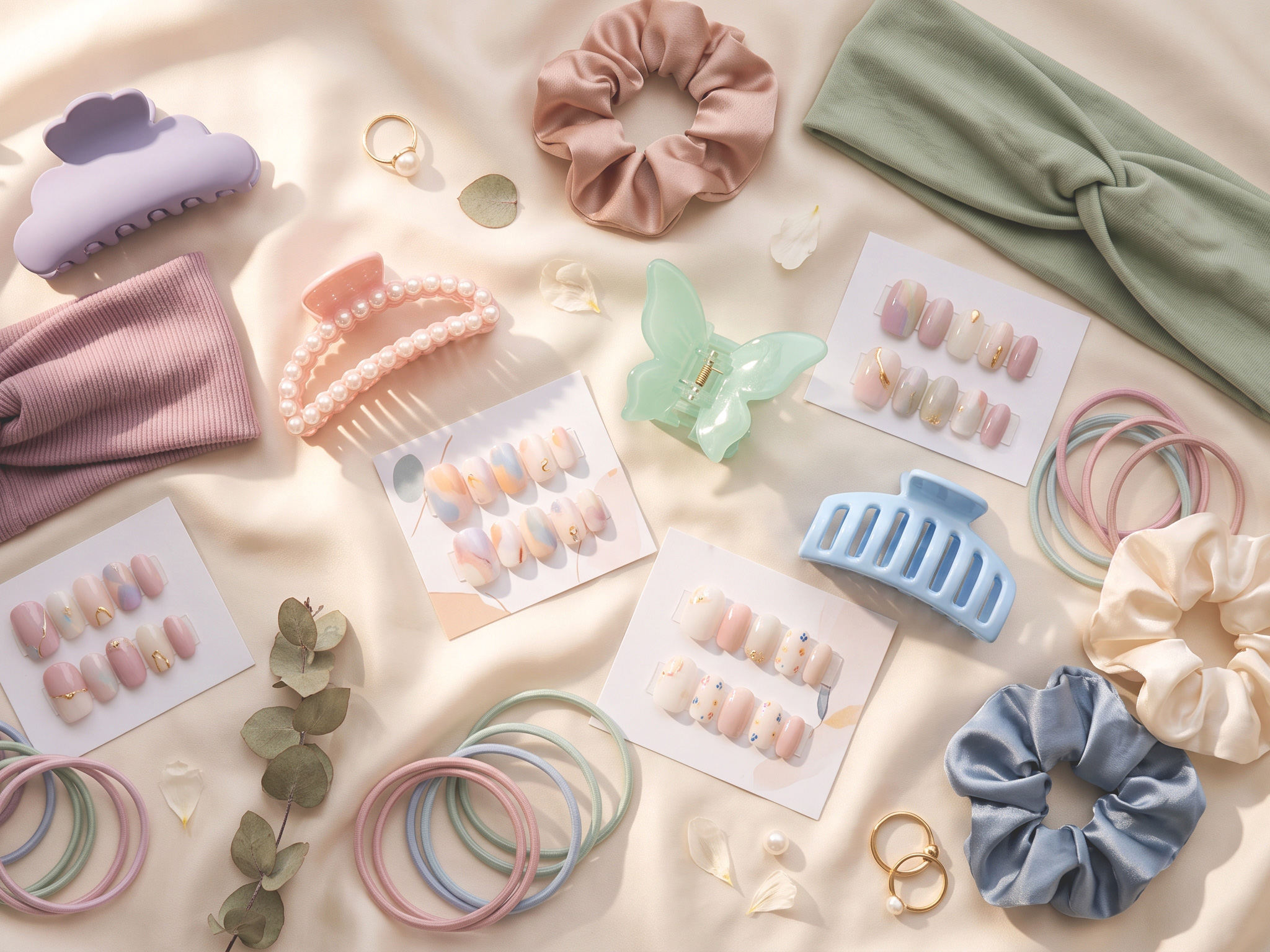 A curation of Mevcrina's various beauty and styling accessories: claw clips, headbands, nails, earrings